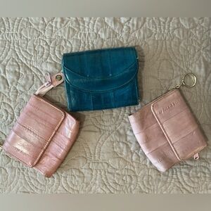 LEE SANDS Vintage Eel Skin Wallet Key Chain Pouch Trio Bundle 2 Pink One Teal